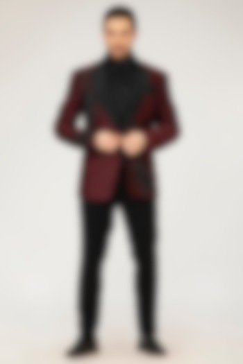 Cherry Wine Embroidered Tuxedo Set by Attire by kunal & Sid j