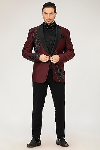 Cherry Wine Embroidered Tuxedo Set by Attire by kunal & Sid j