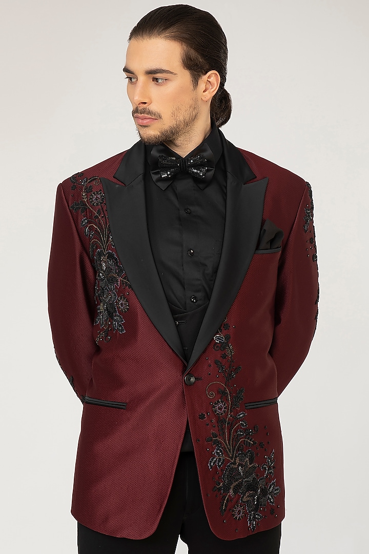 Cherry Wine Embroidered Tuxedo Set by Attire by kunal & Sid j at Pernia's Pop Up Shop