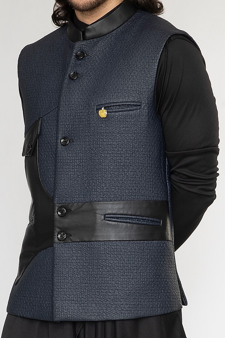 Navy Blue Latherite Bundi Jacket Set by Attire by kunal & Sid j at Pernia's Pop Up Shop