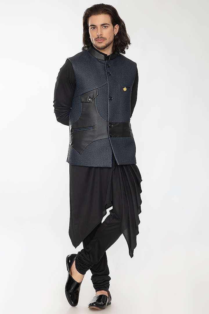 Navy Blue Latherite Bundi Jacket Set by Attire by kunal & Sid j at Pernia's Pop Up Shop