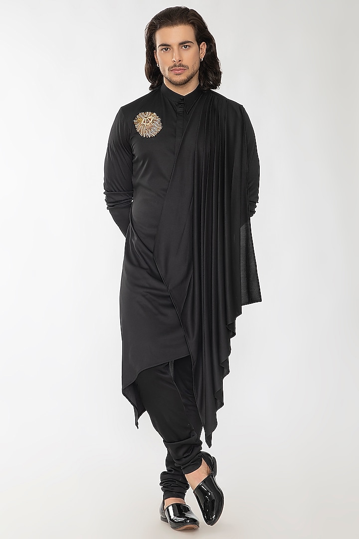 Black Satin Silk Draped Kurta Set by Attire by kunal & Sid j at Pernia's Pop Up Shop