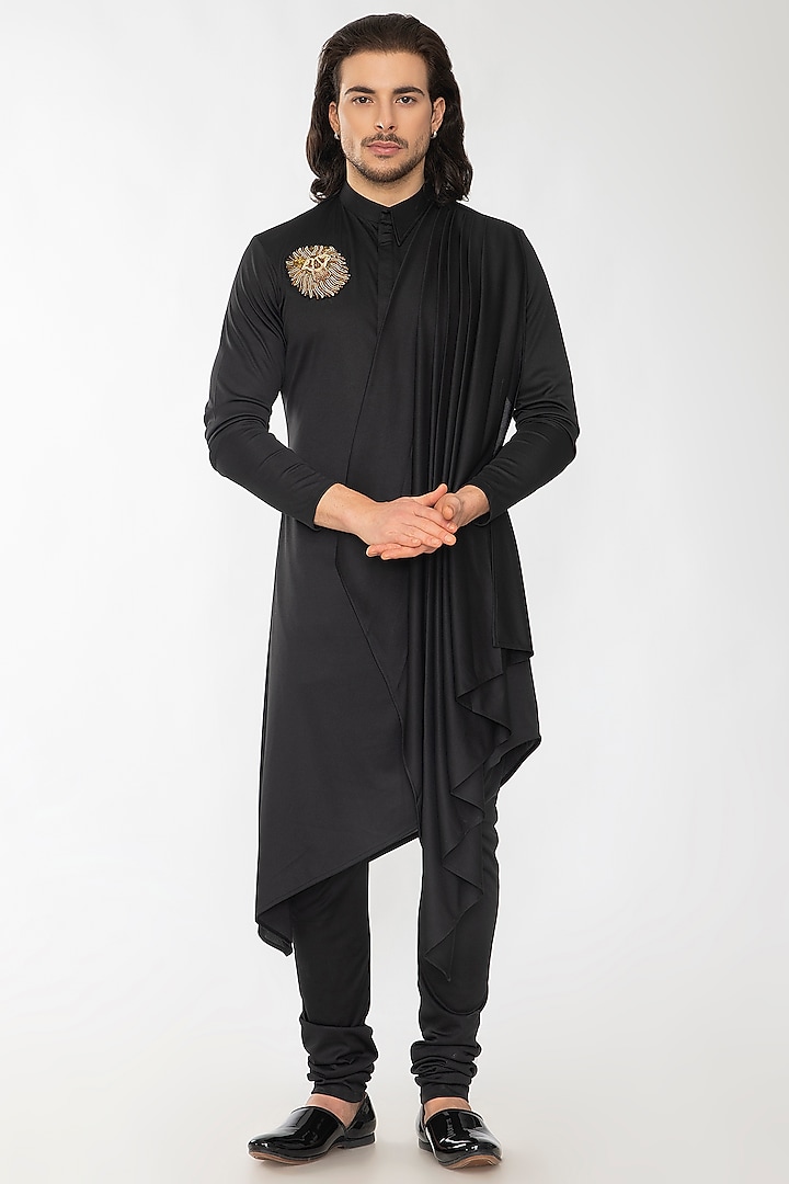 Black Satin Silk Draped Kurta Set by Attire by kunal & Sid j at Pernia's Pop Up Shop