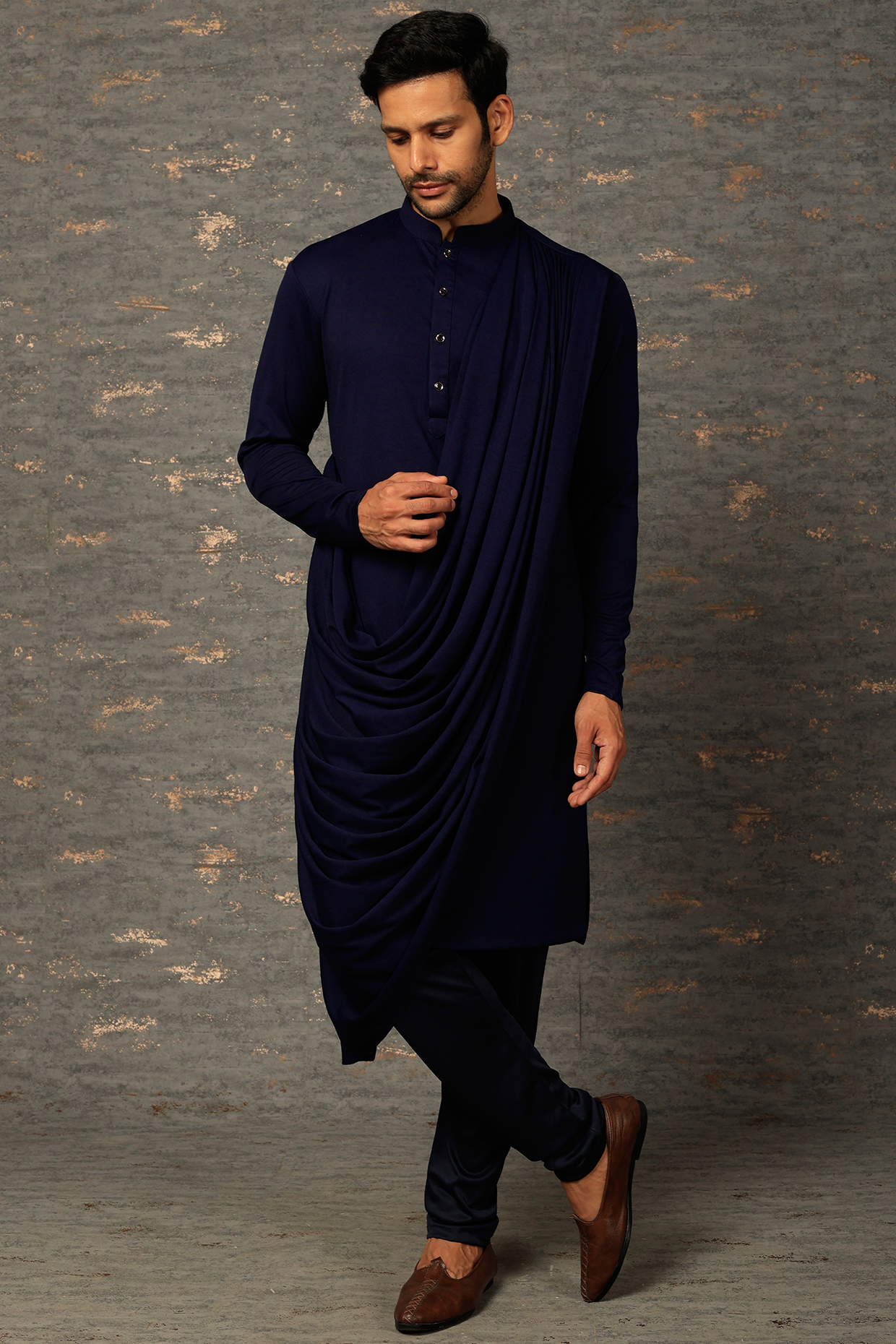 Dark Blue Satin Silk Draped Kurta Set by Attire by kunal & Sid j