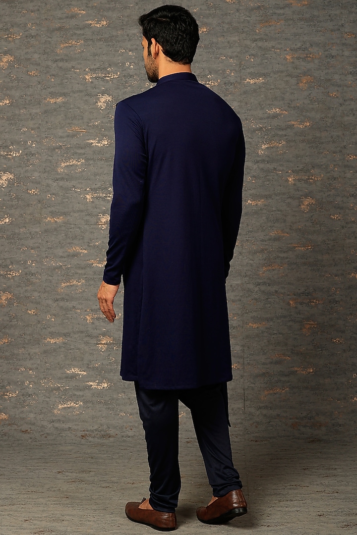 Dark Blue Satin Silk Draped Kurta Set by Attire by kunal & Sid j at Pernia's Pop Up Shop