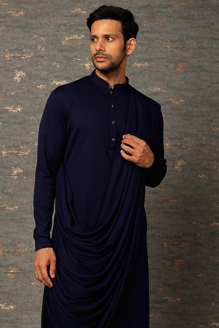 Dark Blue Satin Silk Draped Kurta Set by Attire by kunal & Sid j at Pernia's Pop Up Shop