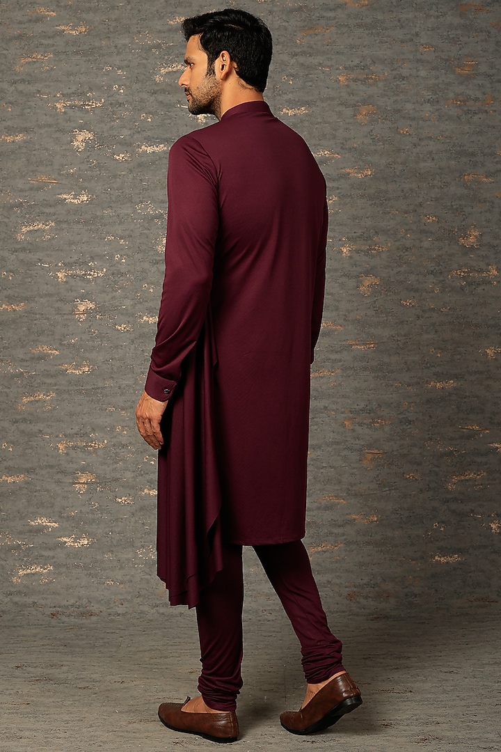 Dark Maroon Satin Silk Draped Kurta Set by Attire by kunal & Sid j at Pernia's Pop Up Shop