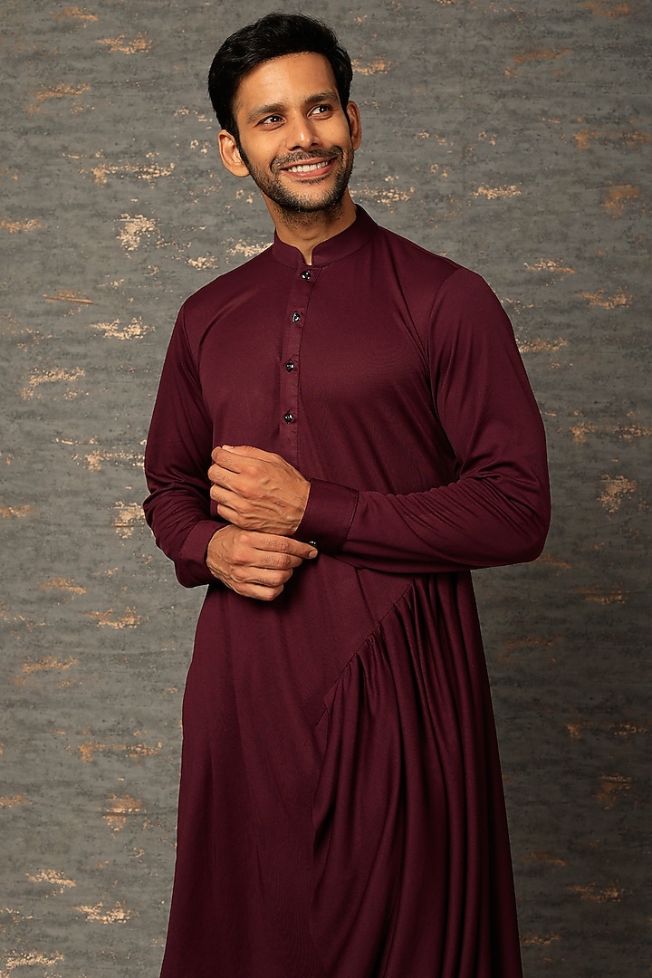 Dark Maroon Satin Silk Draped Kurta Set by Attire by kunal & Sid j at Pernia's Pop Up Shop