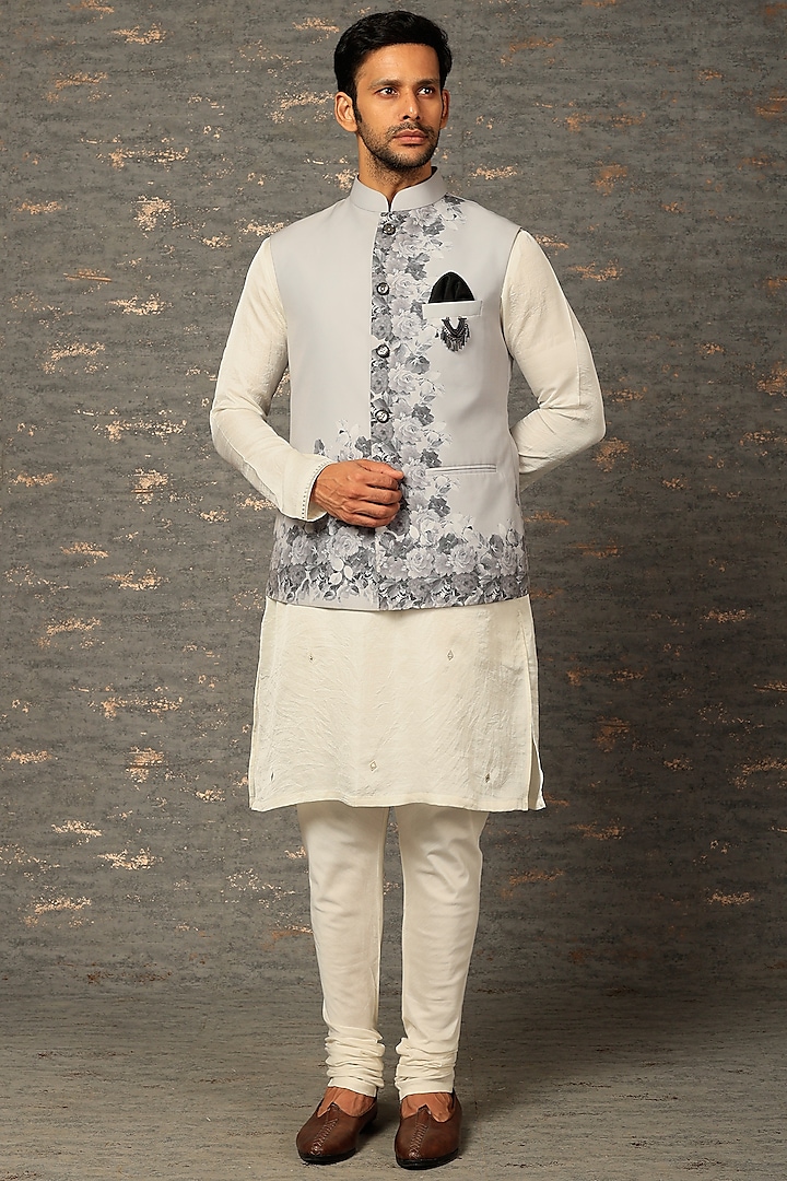 Grey Printed Bundi Jacket Set by Attire by kunal & Sid j