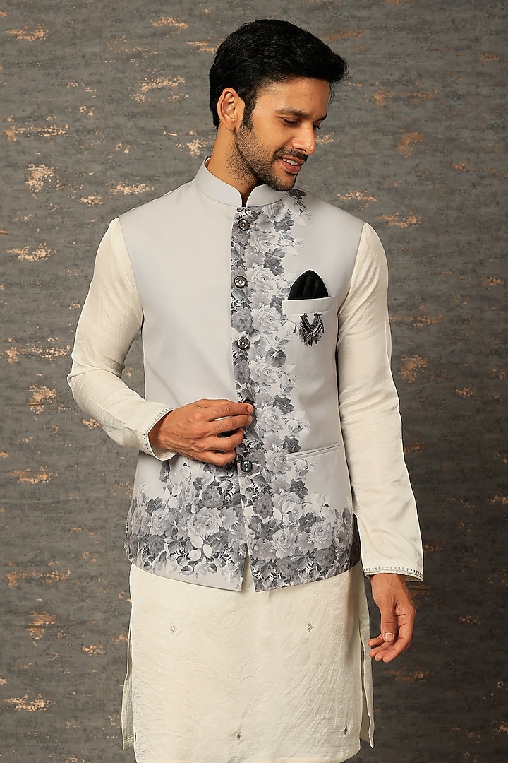 Grey Cotton Digital Printed Bundi Jacket Set by Attire by kunal & Sid j at Pernia's Pop Up Shop