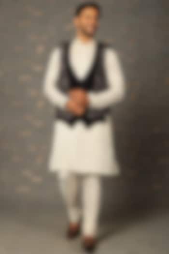 Black Cotton Silk Waistcoat With Kurta Set by Attire by kunal & Sid j at Pernia's Pop Up Shop