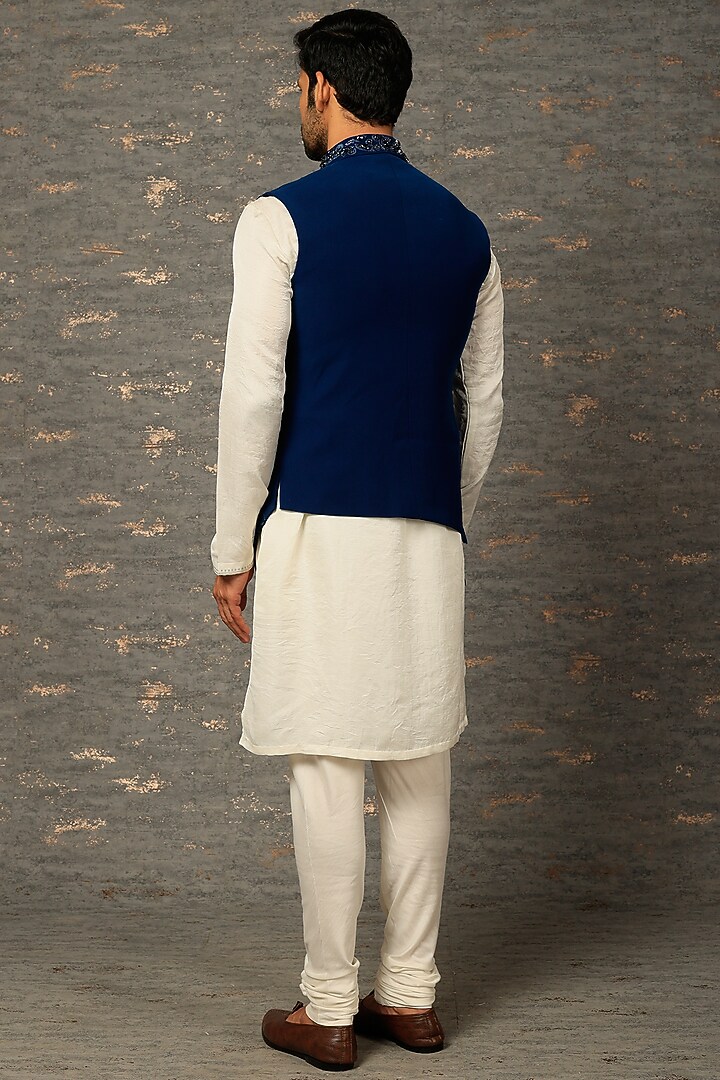 Blue Cotton Silk Sequins Embroidered Bundi Jacket Set by Attire by kunal & Sid j at Pernia's Pop Up Shop