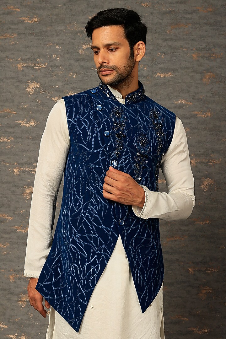 Blue Cotton Silk Sequins Embroidered Bundi Jacket Set by Attire by kunal & Sid j at Pernia's Pop Up Shop