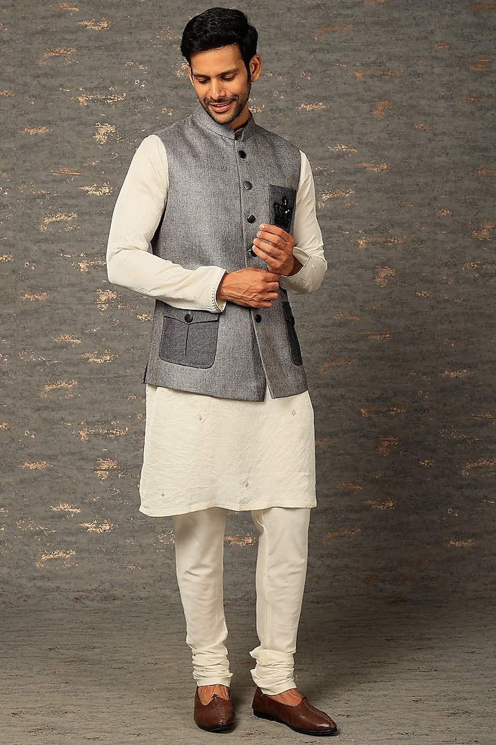 Grey Cotton Silk Bundi Jacket Set  by Attire by kunal & Sid j