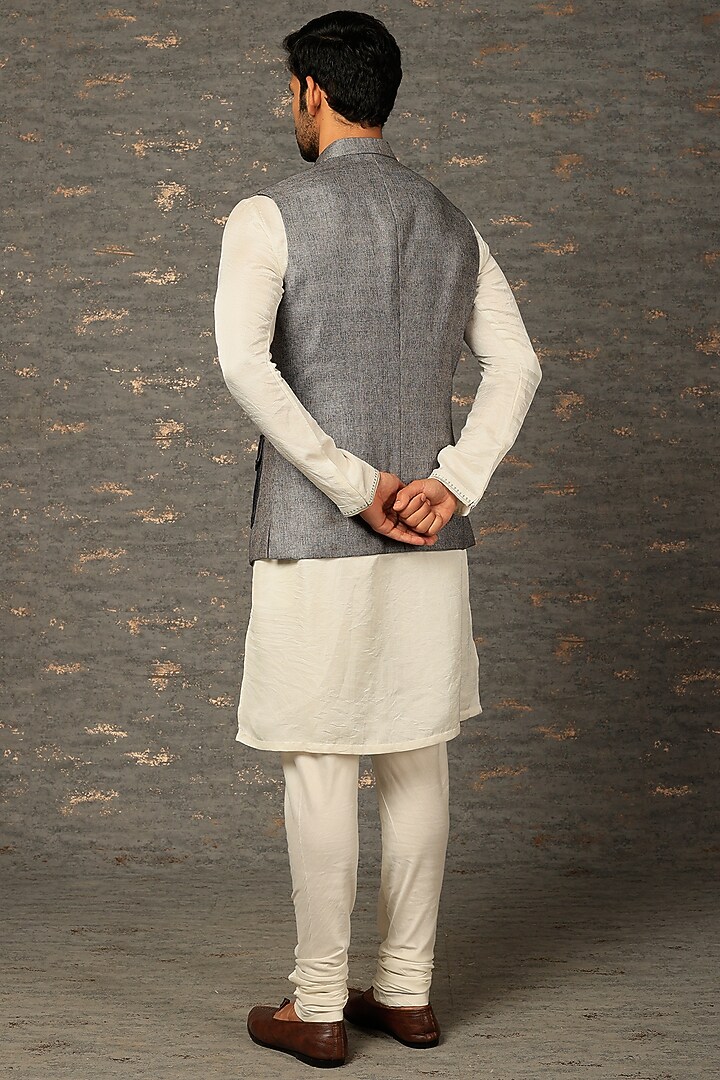 Grey Cotton Silk Bundi Jacket Set by Attire by kunal & Sid j at Pernia's Pop Up Shop