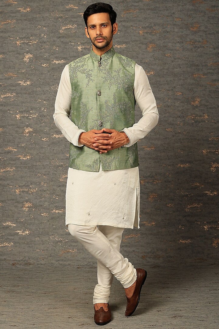 Olive Embroidered Bundi Jacket Set  by Attire by kunal & Sid j