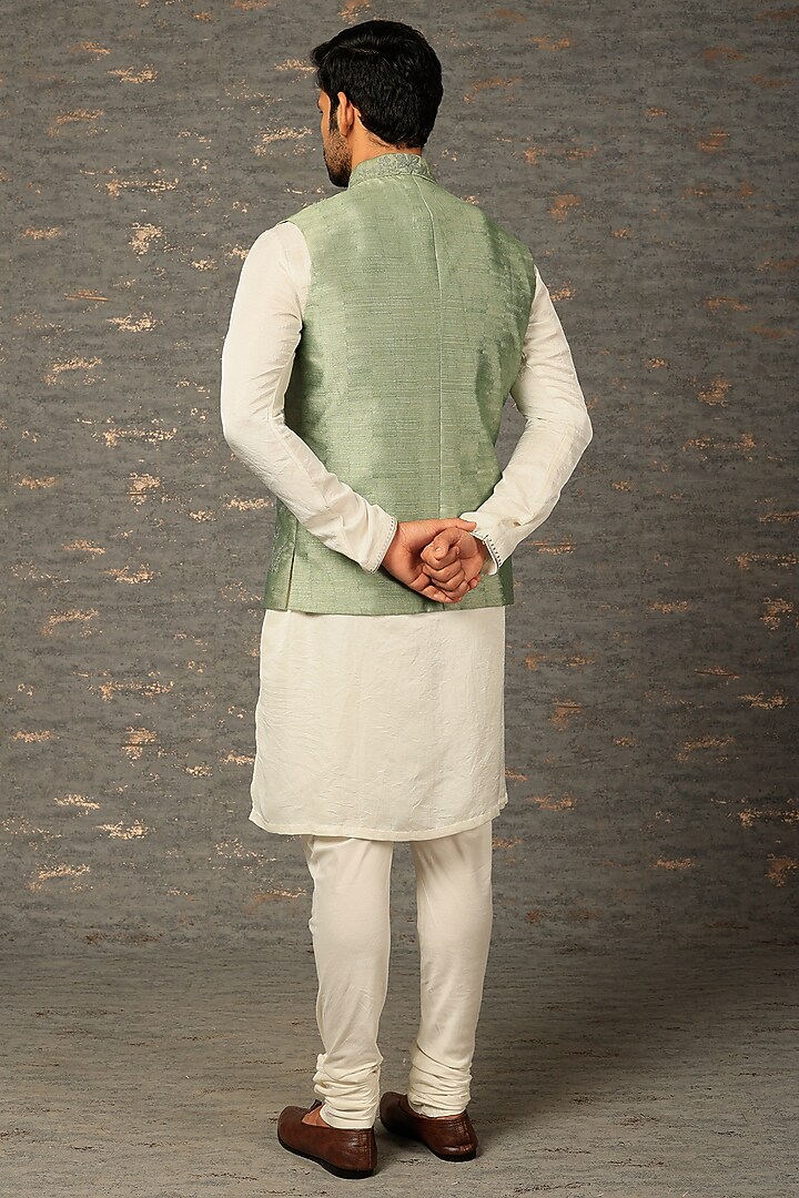 Olive Cotton Silk Applique Embroidered Bundi Jacket Set by Attire by kunal & Sid j at Pernia's Pop Up Shop