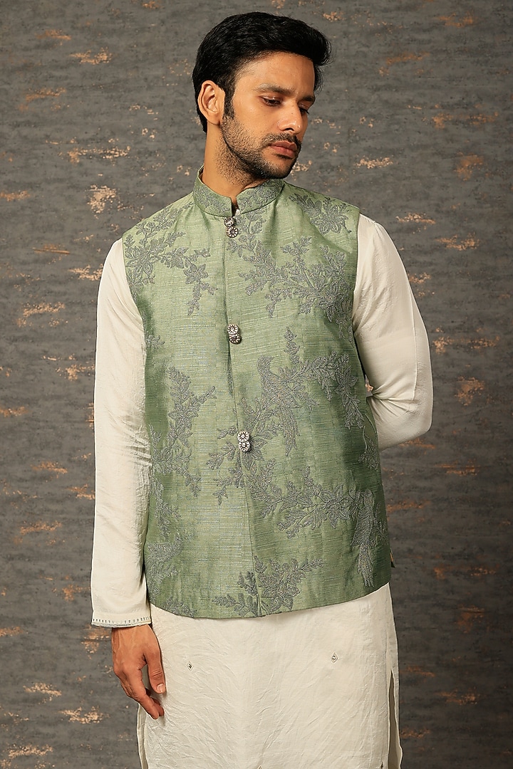 Olive Cotton Silk Applique Embroidered Bundi Jacket Set by Attire by kunal & Sid j at Pernia's Pop Up Shop