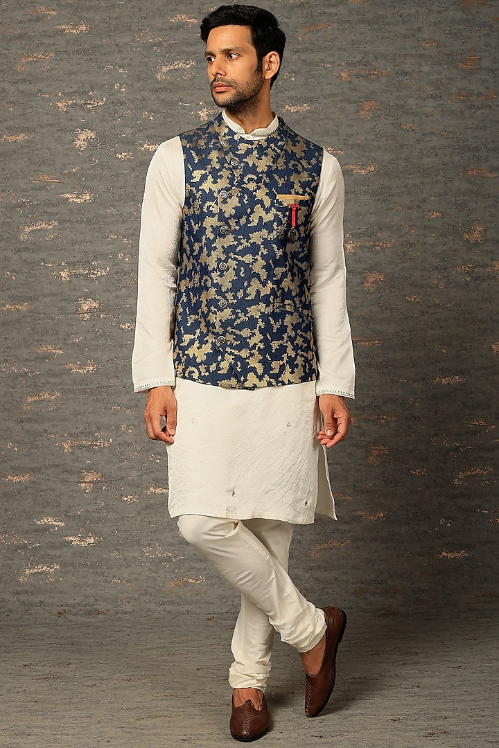 Blue Foil Bundi Jacket With Kurta Set by Attire by kunal & Sid j