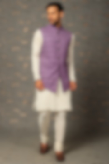 Purple Pleated Bundi Jacket With Kurta Set by Attire by kunal & Sid j