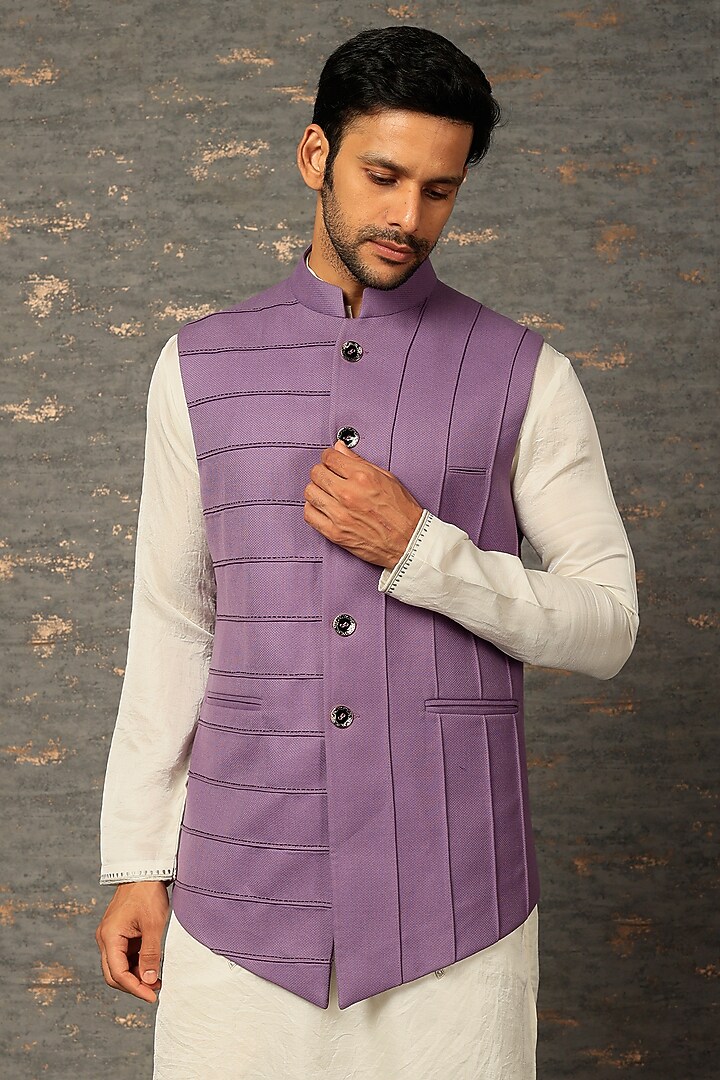 Purple Cotton Silk Pleated Bundi Jacket Set by Attire by kunal & Sid j at Pernia's Pop Up Shop