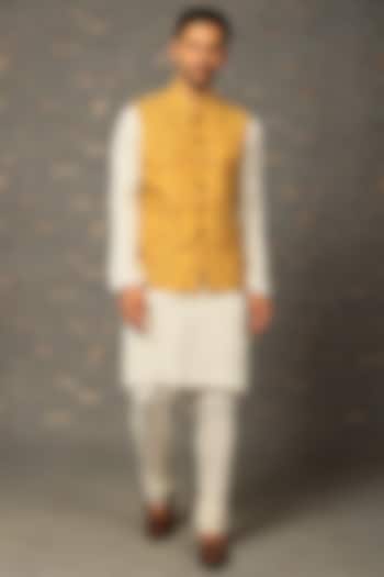 Yellow Silk Embroidered Bundi Jacket Set  by Attire by kunal & Sid j