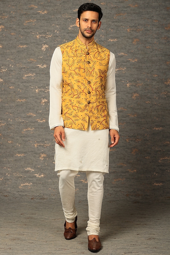 Yellow Silk Embroidered Bundi Jacket Set  by Attire by kunal & Sid j
