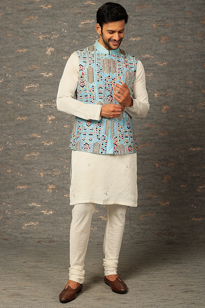 Turquoise Embroidered Bundi Jacket Set  by Attire by kunal & Sid j