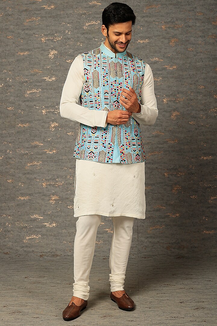 Turquoise Silk Zardosi Embroidered Bundi Jacket Set by Attire by kunal & Sid j