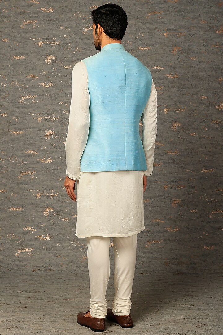 Turquoise Silk Zardosi Embroidered Bundi Jacket Set by Attire by kunal & Sid j at Pernia's Pop Up Shop