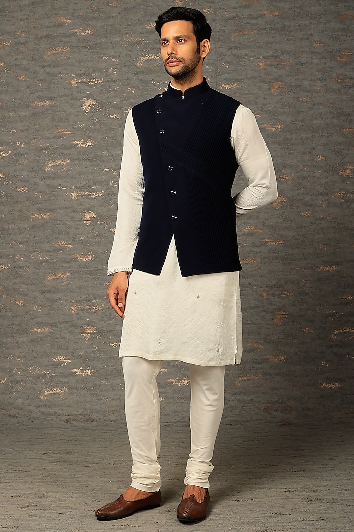 Blue Pleated Bundi Jacket Set by Attire by kunal & Sid j