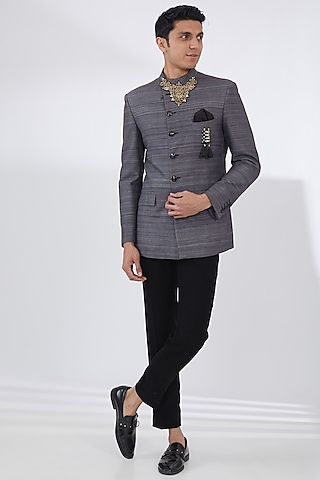 Grey Pure Silk Hand Embroidered Bandhgala Set by Attire by kunal & Sid j