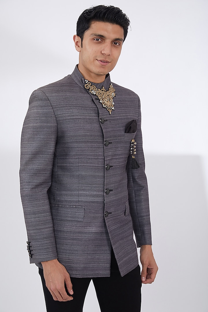 Grey Pure Silk Hand Embroidered Bandhgala Set by Attire by kunal & Sid j at Pernia's Pop Up Shop