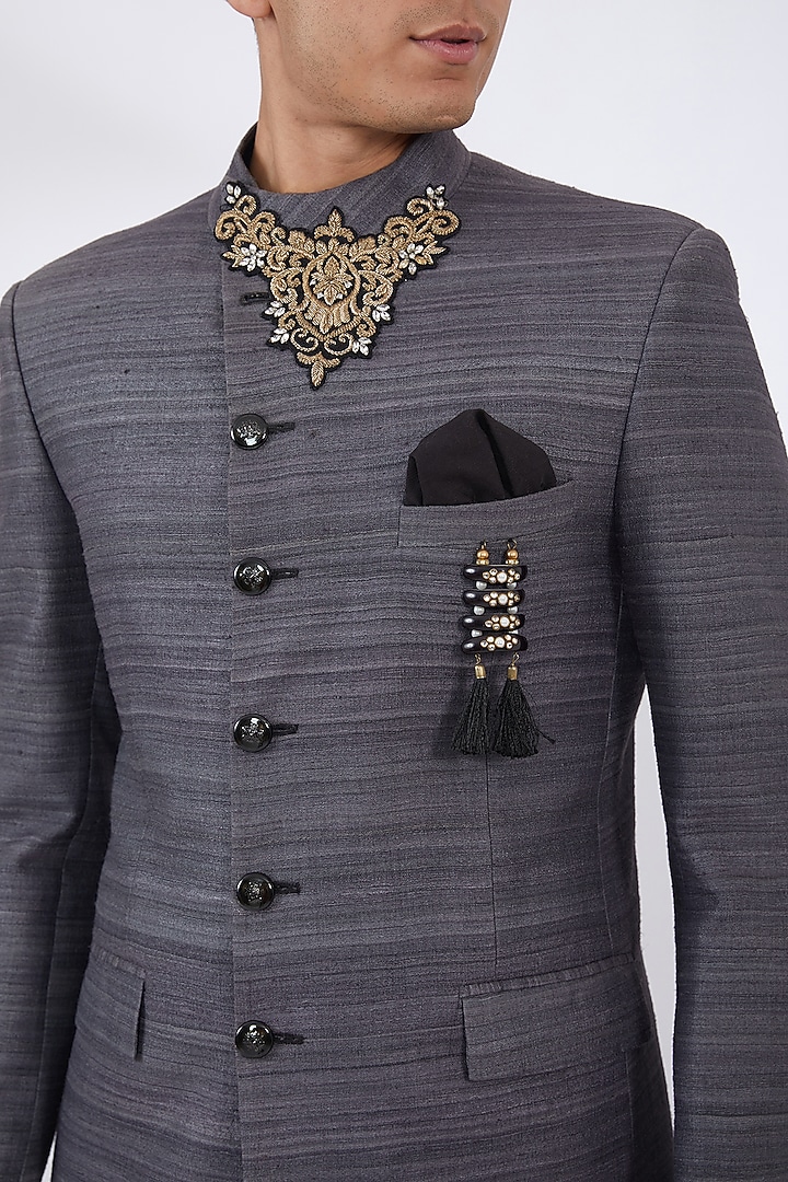 Grey Pure Silk Hand Embroidered Bandhgala Set by Attire by kunal & Sid j at Pernia's Pop Up Shop
