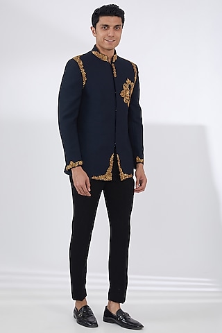 Blue Khadi Linen Zardosi Embroidered Bandhgala Set by Attire by kunal & Sid j