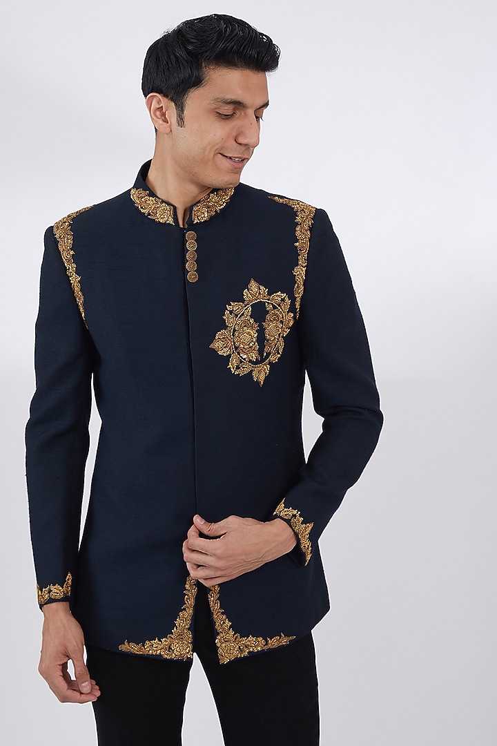 Blue Khadi Linen Zardosi Embroidered Bandhgala Set by Attire by kunal & Sid j at Pernia's Pop Up Shop