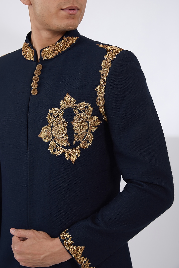 Blue Khadi Linen Zardosi Embroidered Bandhgala Set by Attire by kunal & Sid j at Pernia's Pop Up Shop
