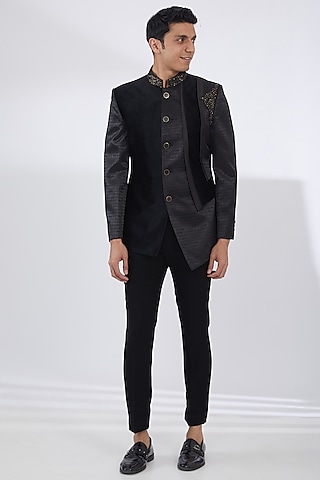 Black Velvet Handwork Bandhgala Set by Attire by kunal & Sid j