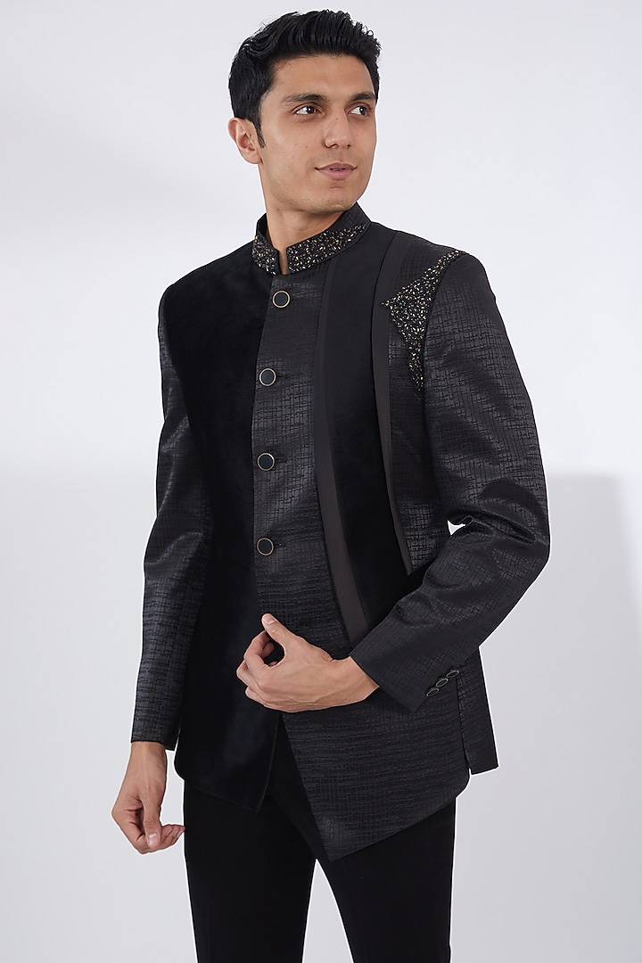 Black Velvet Handwork Bandhgala Set by Attire by kunal & Sid j at Pernia's Pop Up Shop