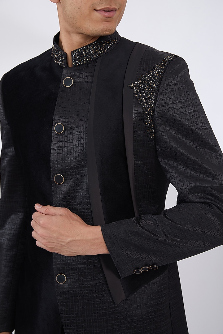 Black Velvet Handwork Bandhgala Set by Attire by kunal & Sid j at Pernia's Pop Up Shop