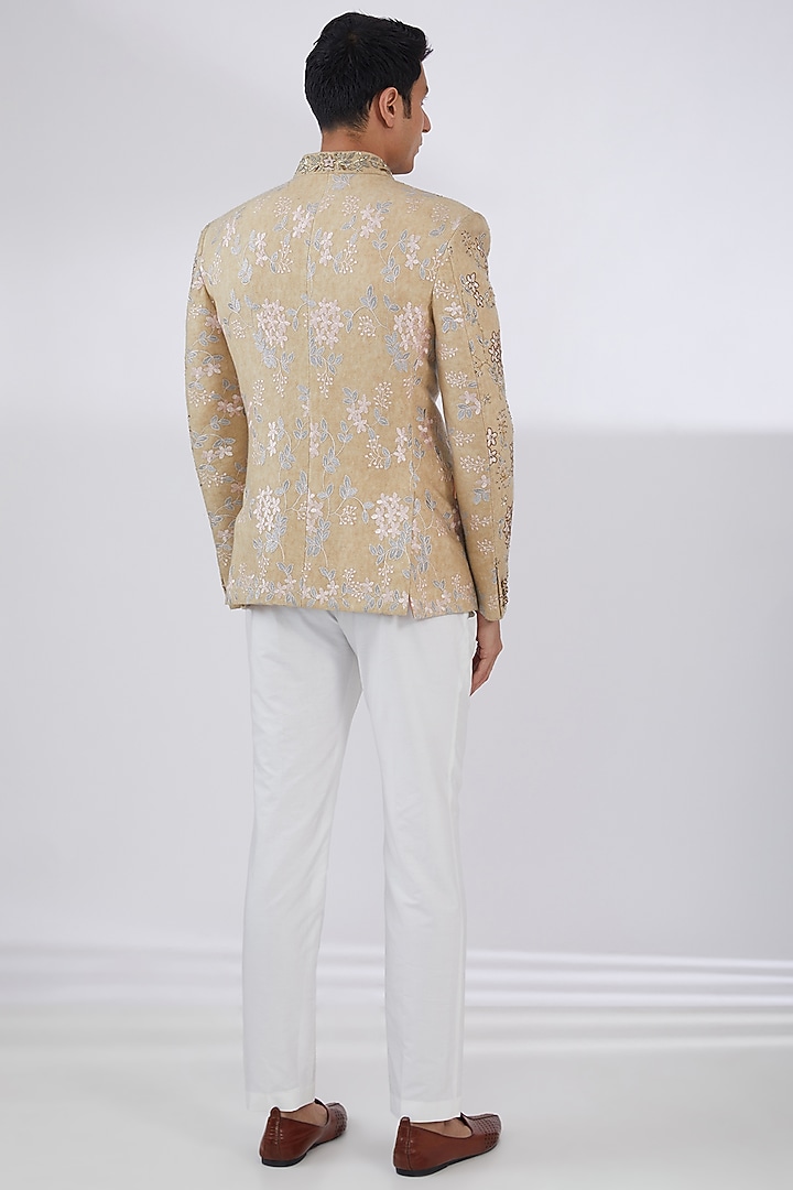 Beige Woolen Hand & Machine Embroidered Wedding Bandhgala Set by Attire by kunal & Sid j at Pernia's Pop Up Shop