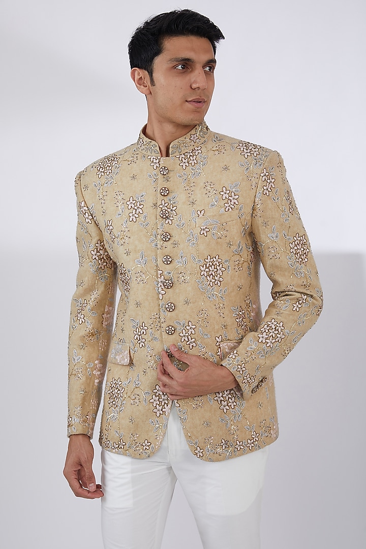Beige Woolen Hand & Machine Embroidered Wedding Bandhgala Set by Attire by kunal & Sid j at Pernia's Pop Up Shop