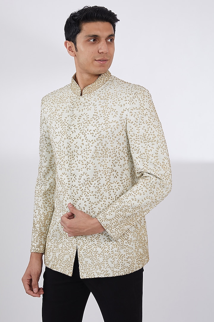 White Pure Silk Handwork Wedding Bandhgala Set by Attire by kunal & Sid j at Pernia's Pop Up Shop