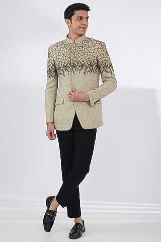 Beige Woolen Hand & Machine Embroidered Bandhgala Set by Attire by kunal & Sid j