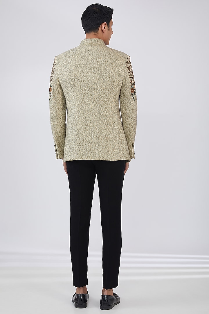 Beige Woolen Hand & Machine Embroidered Bandhgala Set by Attire by kunal & Sid j at Pernia's Pop Up Shop