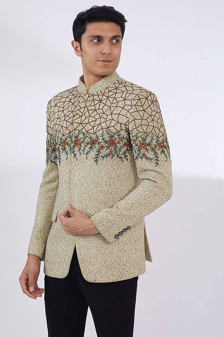 Beige Woolen Hand & Machine Embroidered Bandhgala Set by Attire by kunal & Sid j at Pernia's Pop Up Shop