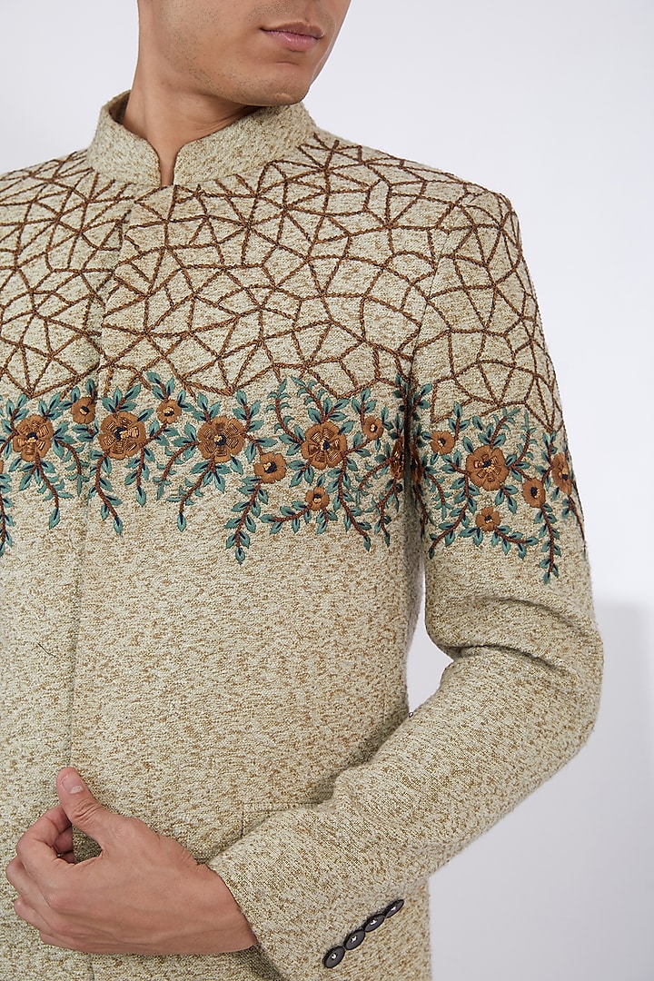 Beige Woolen Hand & Machine Embroidered Bandhgala Set by Attire by kunal & Sid j at Pernia's Pop Up Shop