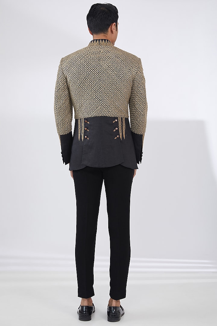 Black Silk Hand & Machine Embroidered Bandhgala Set by Attire by kunal & Sid j at Pernia's Pop Up Shop