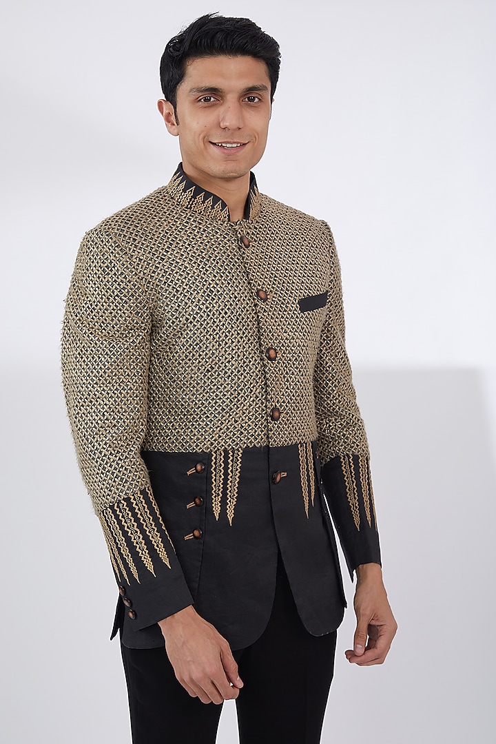 Black Silk Hand & Machine Embroidered Bandhgala Set by Attire by kunal & Sid j at Pernia's Pop Up Shop