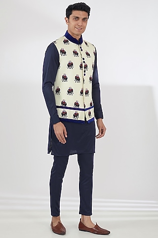White Self Quilt Cotton Printed Bundi Jacket Set by Attire by kunal & Sid j